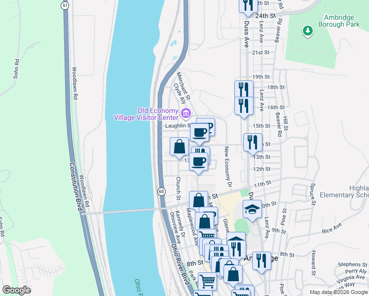 map of restaurants, bars, coffee shops, grocery stores, and more near in Ambridge