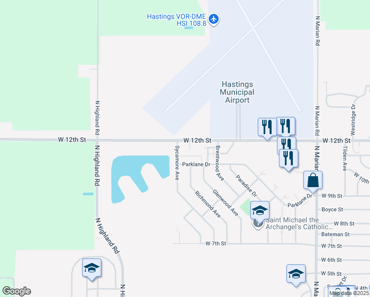 map of restaurants, bars, coffee shops, grocery stores, and more near 3514-3598 Parklane Dr in Hastings