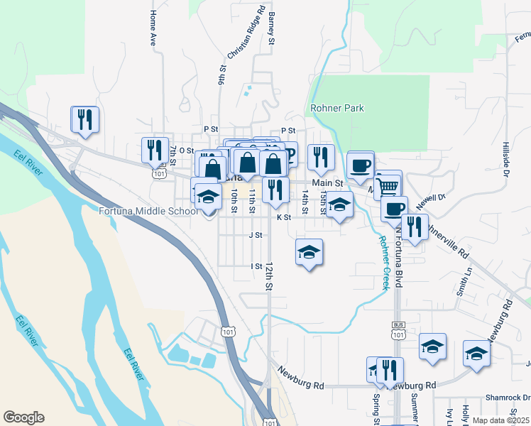 map of restaurants, bars, coffee shops, grocery stores, and more near 437 11th St in Fortuna