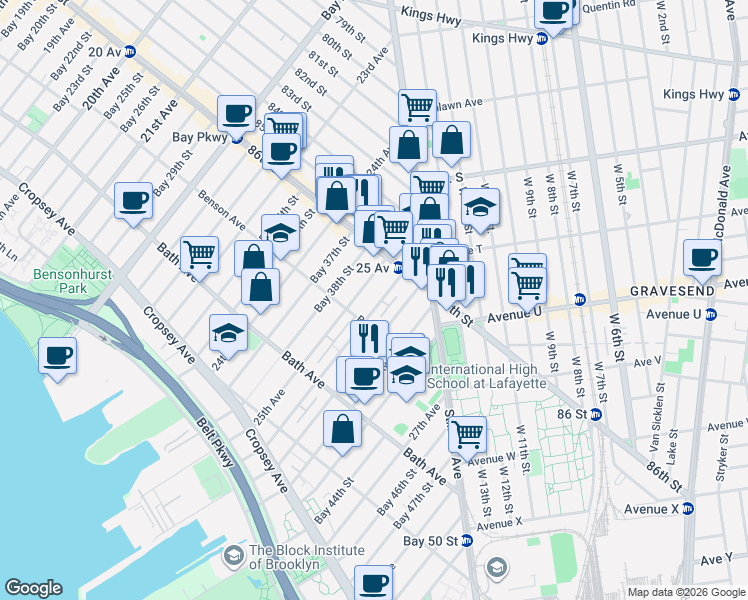 map of restaurants, bars, coffee shops, grocery stores, and more near 63 Bay 40th Street in Brooklyn