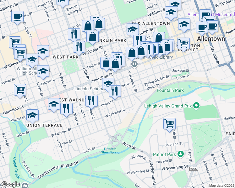 map of restaurants, bars, coffee shops, grocery stores, and more near 120 South Madison Street in Allentown