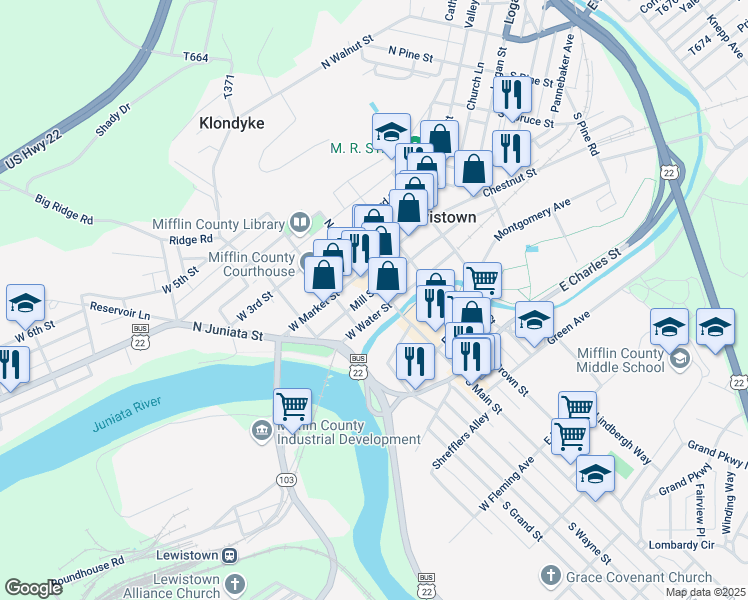 map of restaurants, bars, coffee shops, grocery stores, and more near 14 South Main Street in Lewistown
