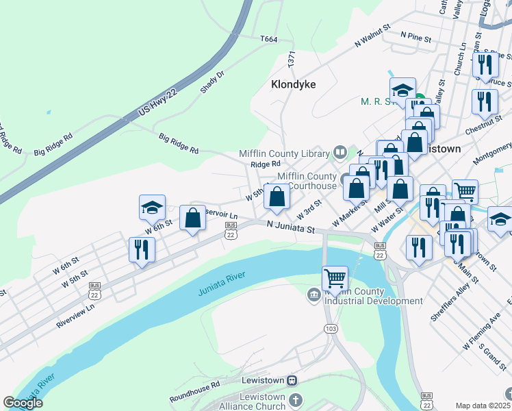 map of restaurants, bars, coffee shops, grocery stores, and more near 219 Bratton Avenue in Lewistown