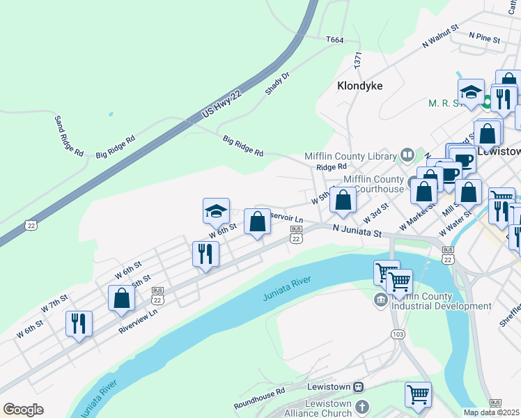 map of restaurants, bars, coffee shops, grocery stores, and more near 380 West 5th Street in Lewistown