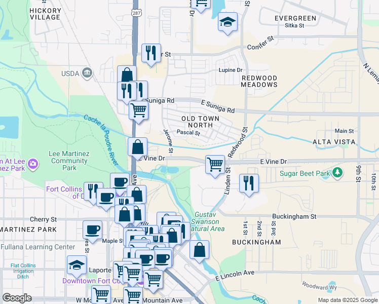 map of restaurants, bars, coffee shops, grocery stores, and more near 335-463 East Vine Drive in Fort Collins