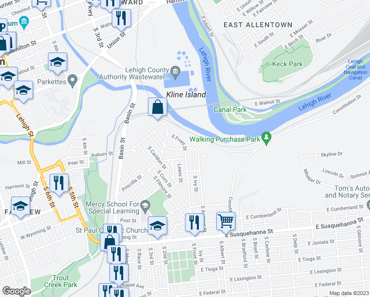 map of restaurants, bars, coffee shops, grocery stores, and more near S Front St & W Pittston St in Allentown