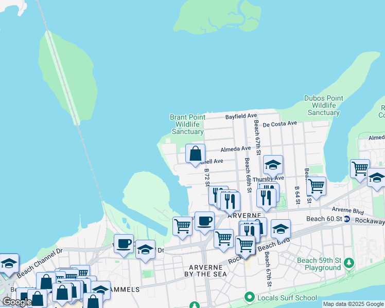 map of restaurants, bars, coffee shops, grocery stores, and more near 72-09 Burchell Avenue in Queens