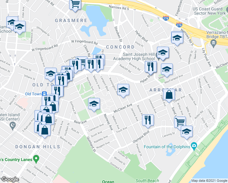 map of restaurants, bars, coffee shops, grocery stores, and more near 88 Kensington Avenue in Staten Island