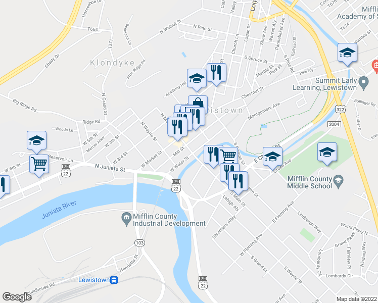 map of restaurants, bars, coffee shops, grocery stores, and more near 18 South Main Street in Lewistown