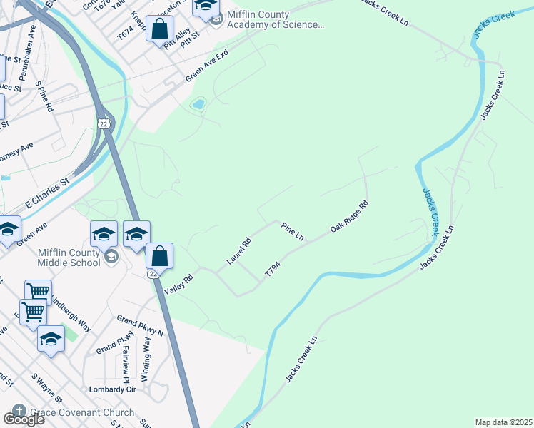 map of restaurants, bars, coffee shops, grocery stores, and more near 202 Poplar Road in Lewistown