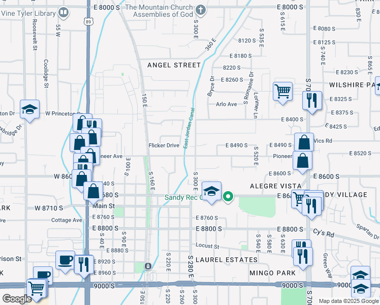 map of restaurants, bars, coffee shops, grocery stores, and more near 283 East Pioneer Avenue in Sandy