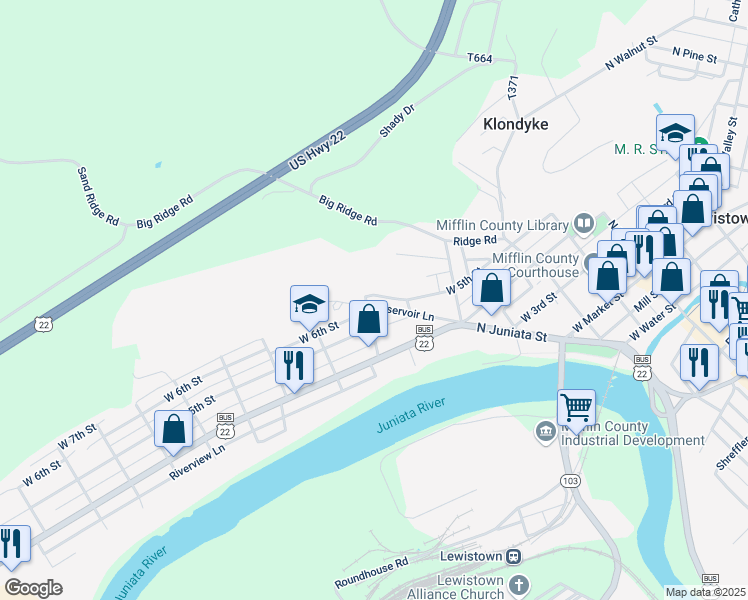 map of restaurants, bars, coffee shops, grocery stores, and more near 380 West 5th Street in Lewistown