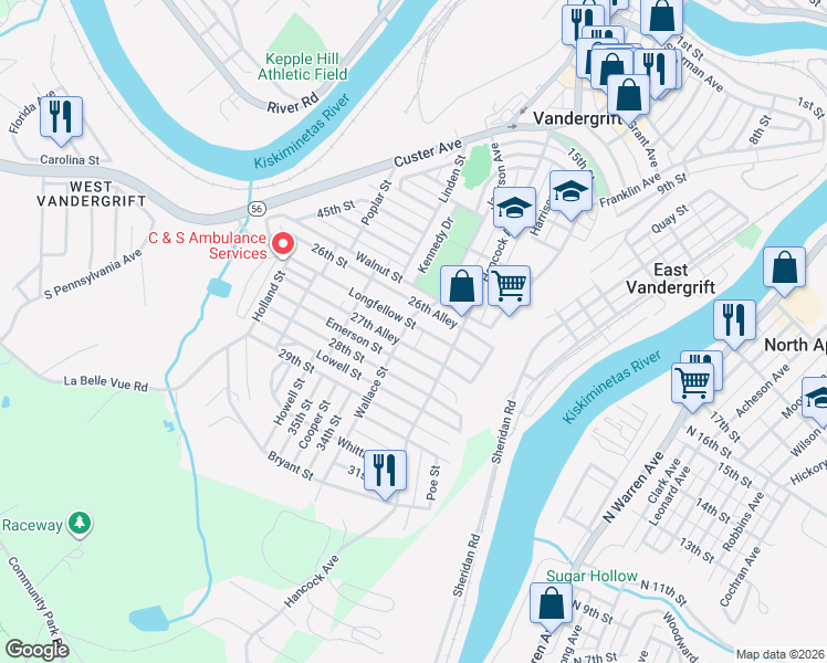 map of restaurants, bars, coffee shops, grocery stores, and more near 213 Longfellow Street in Vandergrift