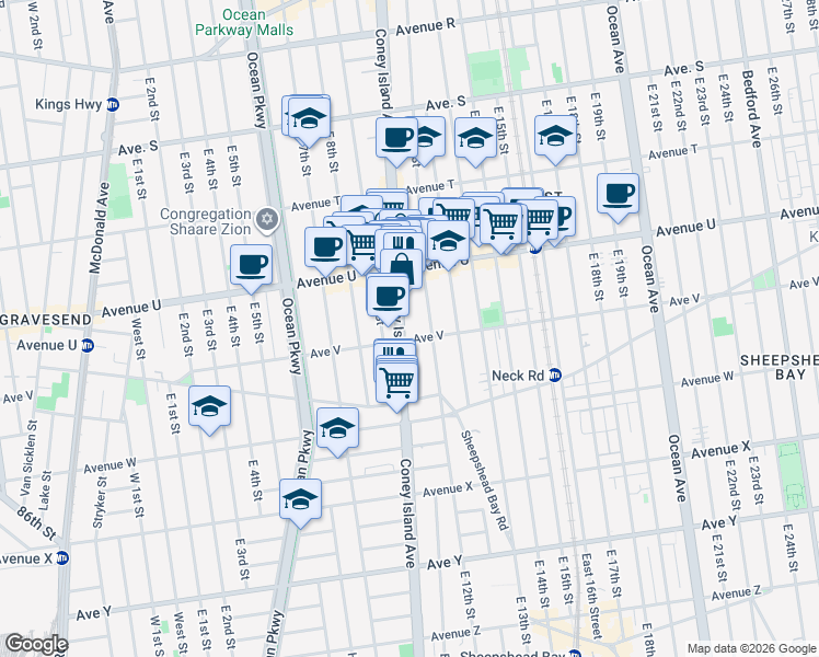 map of restaurants, bars, coffee shops, grocery stores, and more near 1110 Avenue V in Brooklyn