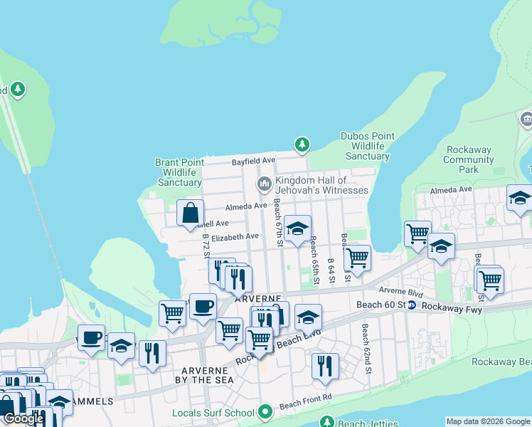 map of restaurants, bars, coffee shops, grocery stores, and more near 5-33 Beach 67th Street in Queens