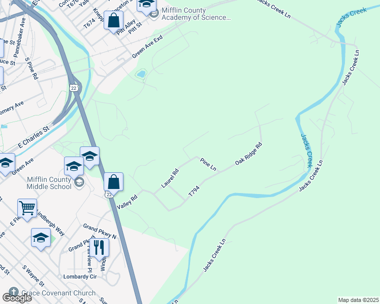 map of restaurants, bars, coffee shops, grocery stores, and more near 202 Poplar Road in Lewistown