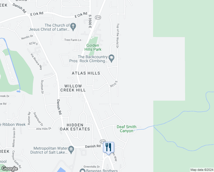 map of restaurants, bars, coffee shops, grocery stores, and more near 8504 Kings Hill Drive in Cottonwood Heights