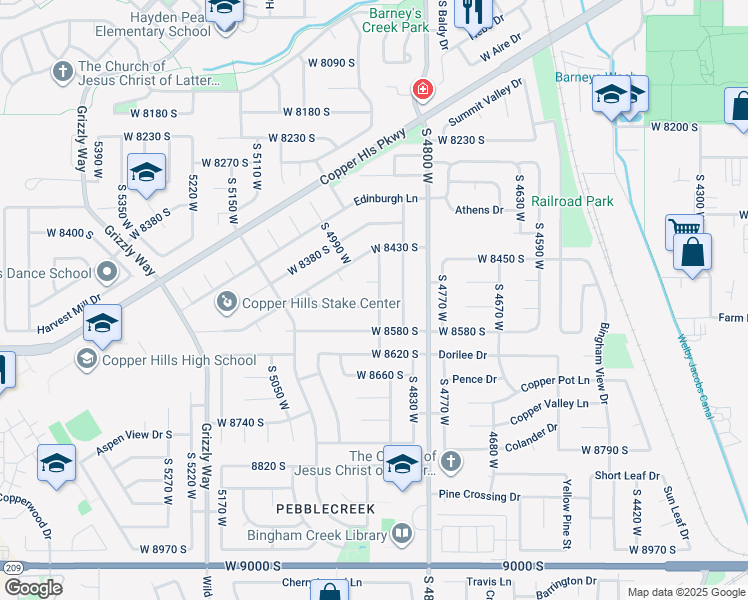 map of restaurants, bars, coffee shops, grocery stores, and more near 4898 Sallybrooke Way in West Jordan
