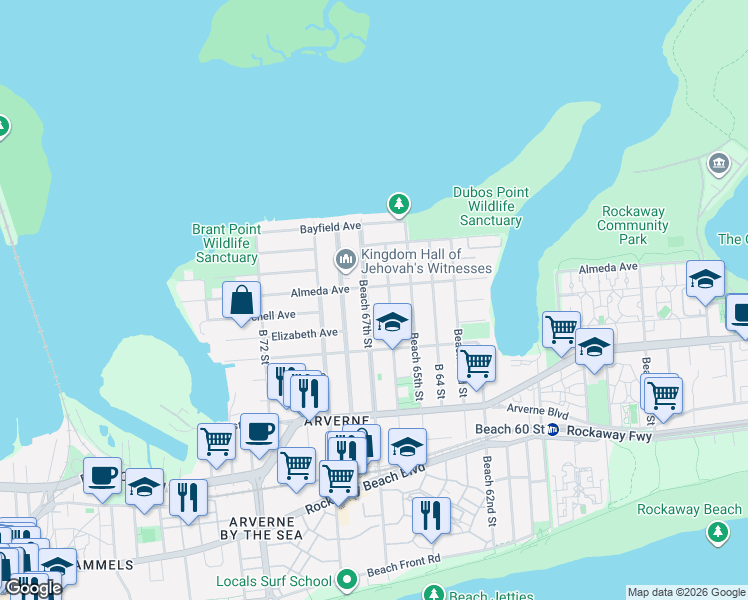 map of restaurants, bars, coffee shops, grocery stores, and more near 5-44 Beach 67th Street in Queens
