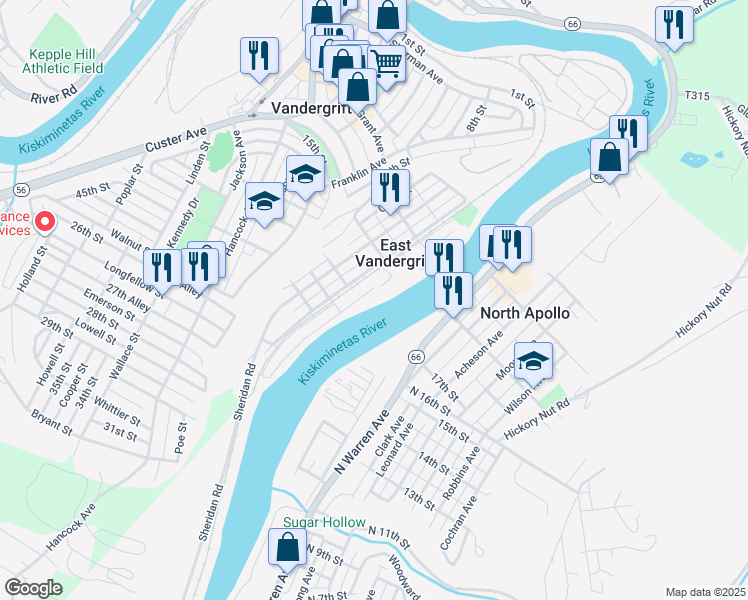 map of restaurants, bars, coffee shops, grocery stores, and more near 419 20th Street in Vandergrift