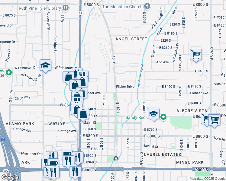 map of restaurants, bars, coffee shops, grocery stores, and more near 149 Pioneer Avenue in Sandy