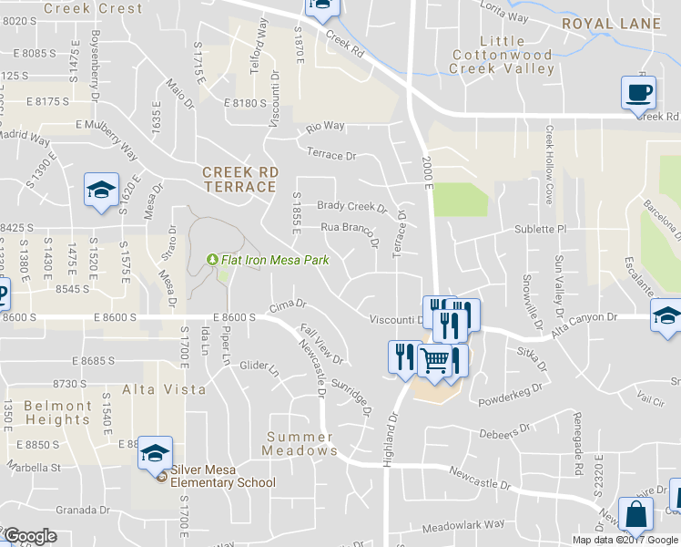 map of restaurants, bars, coffee shops, grocery stores, and more near 8506 Jardim Way in Sandy
