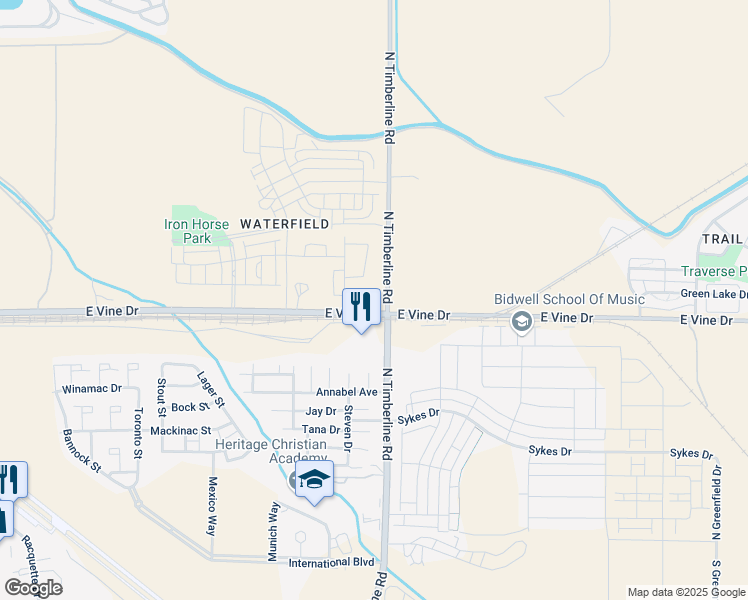 map of restaurants, bars, coffee shops, grocery stores, and more near 2524 East Vine Drive in Fort Collins