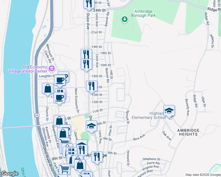 map of restaurants, bars, coffee shops, grocery stores, and more near 1300 Beaver Road in Ambridge