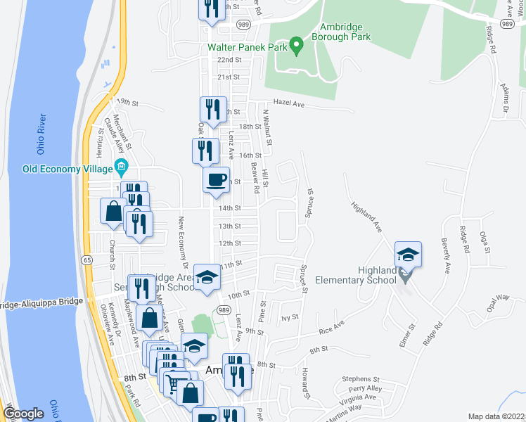 map of restaurants, bars, coffee shops, grocery stores, and more near 1324 Beaver Road in Ambridge