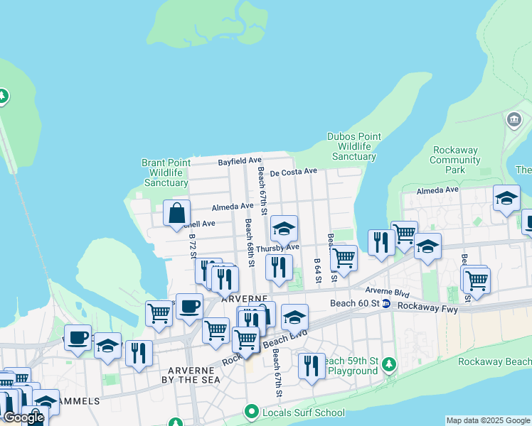 map of restaurants, bars, coffee shops, grocery stores, and more near 5-33 Beach 67th Street in Queens