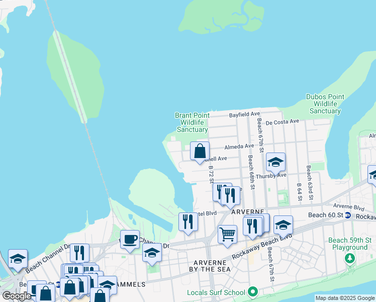map of restaurants, bars, coffee shops, grocery stores, and more near 72-50 Burchell Avenue in Queens