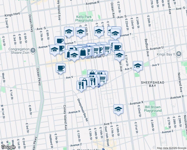 map of restaurants, bars, coffee shops, grocery stores, and more near 2226 East 15th Street in Brooklyn