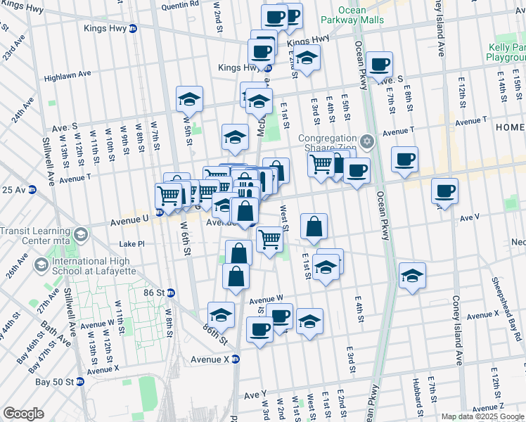 map of restaurants, bars, coffee shops, grocery stores, and more near 2299 McDonald Avenue in Brooklyn