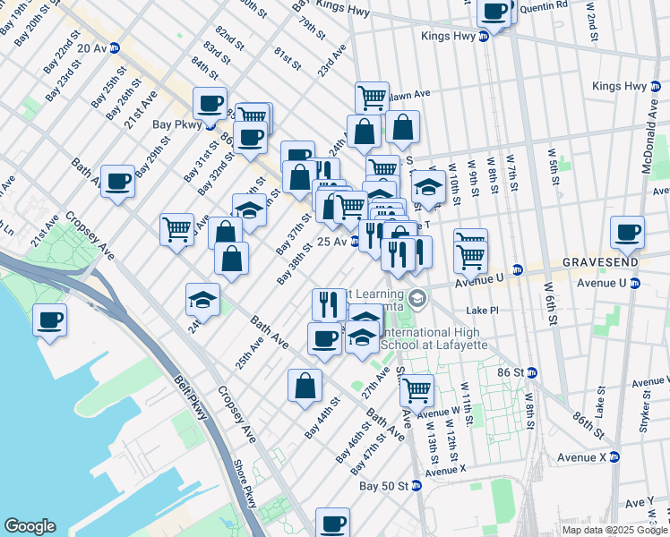 map of restaurants, bars, coffee shops, grocery stores, and more near 63 Bay 40th Street in Brooklyn