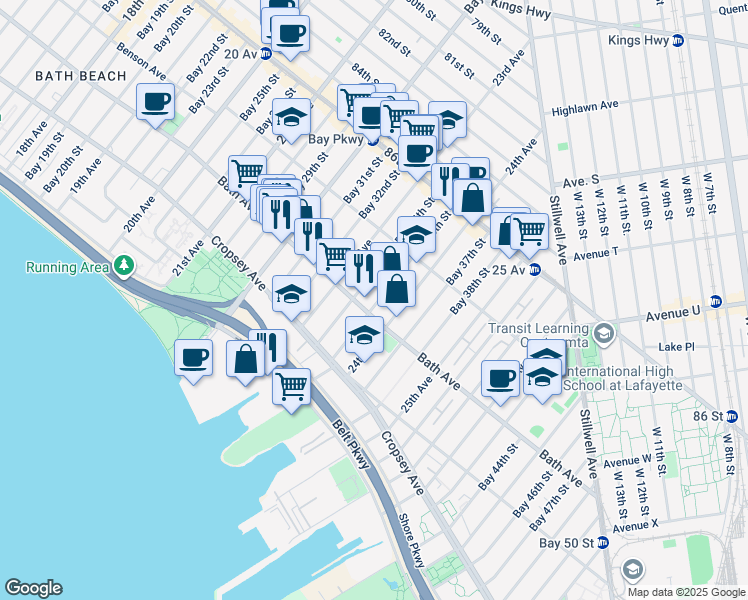 map of restaurants, bars, coffee shops, grocery stores, and more near 2355 Bath Avenue in Brooklyn