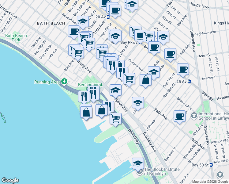 map of restaurants, bars, coffee shops, grocery stores, and more near 2230 Cropsey Avenue in Brooklyn