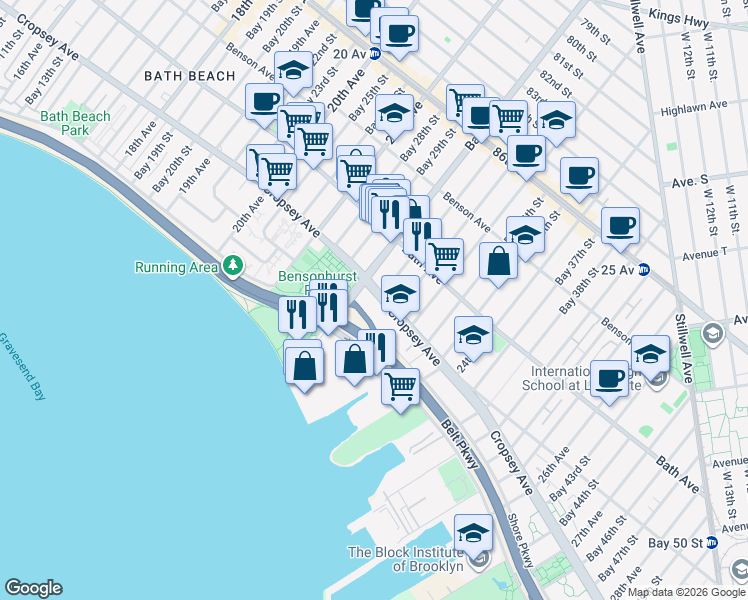 map of restaurants, bars, coffee shops, grocery stores, and more near 2230 Cropsey Avenue in Brooklyn