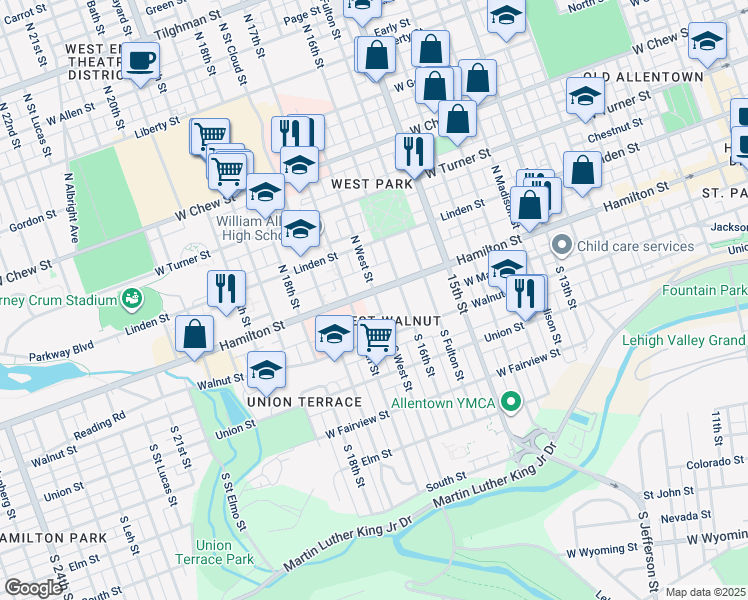 map of restaurants, bars, coffee shops, grocery stores, and more near 31 South West Street in Allentown