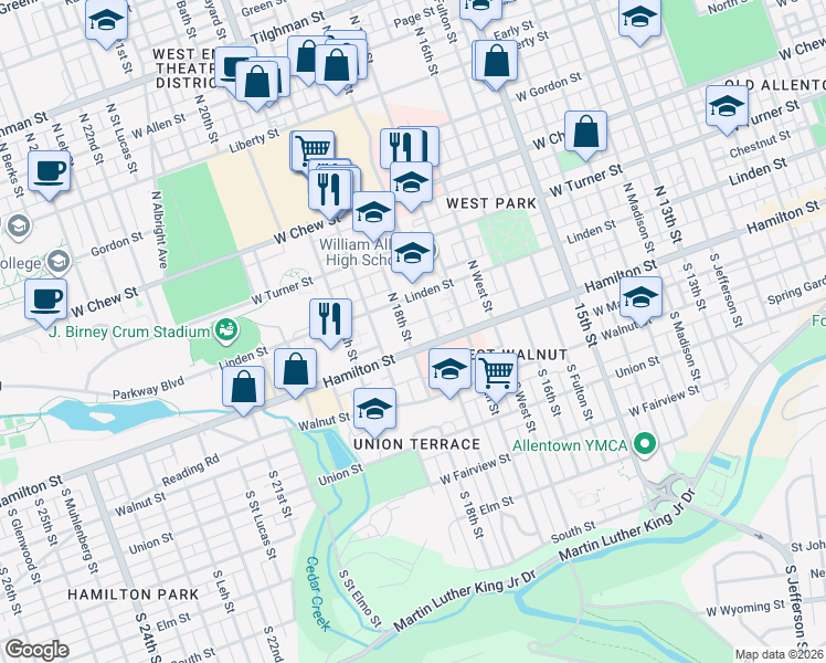 map of restaurants, bars, coffee shops, grocery stores, and more near 32 North 18th Street in Allentown