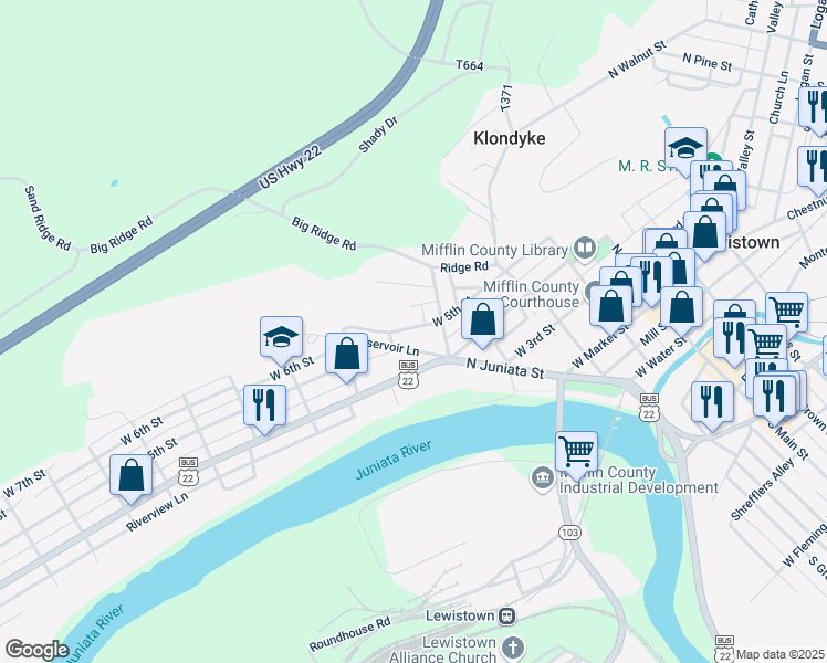 map of restaurants, bars, coffee shops, grocery stores, and more near 326 West 5th Street in Lewistown