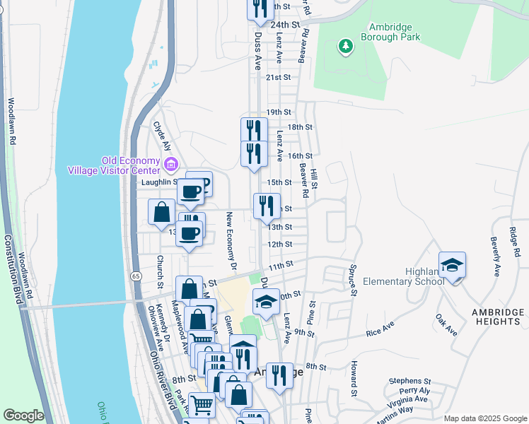 map of restaurants, bars, coffee shops, grocery stores, and more near 1300 Duss Avenue in Ambridge