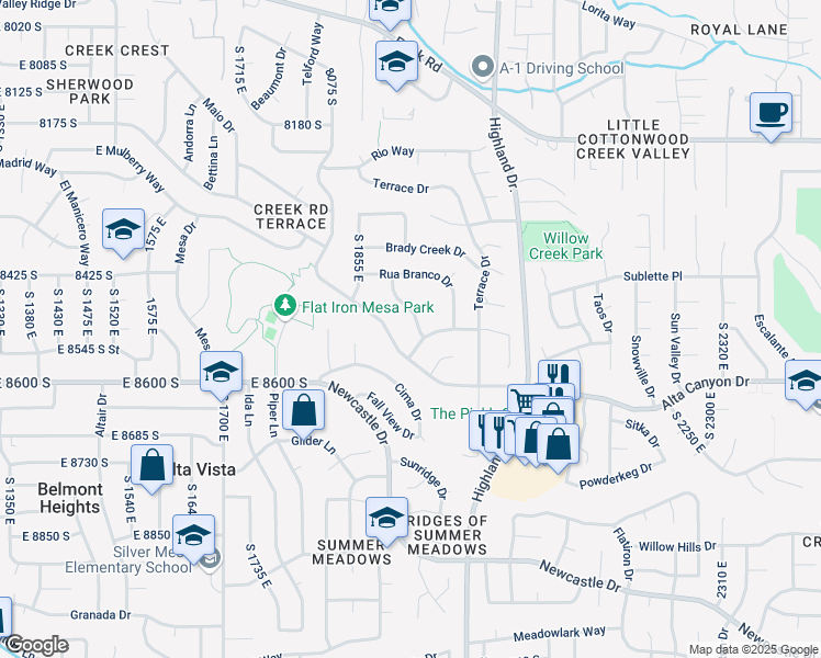 map of restaurants, bars, coffee shops, grocery stores, and more near 8506 Jardim Way in Sandy