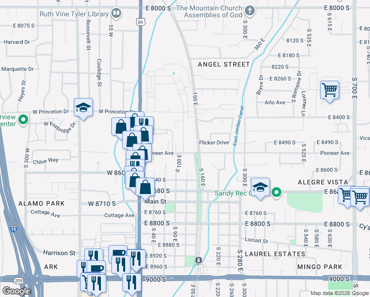 map of restaurants, bars, coffee shops, grocery stores, and more near 123 Pioneer Avenue in Sandy