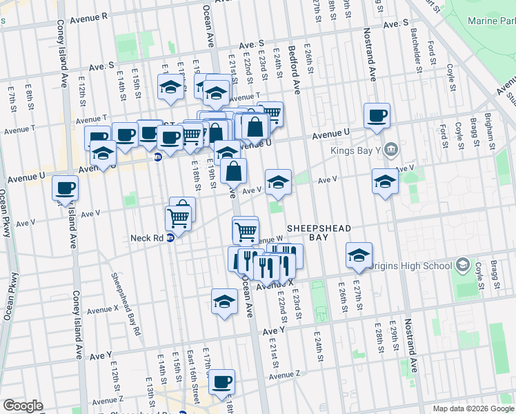 map of restaurants, bars, coffee shops, grocery stores, and more near 2314 East 21st Street in Brooklyn