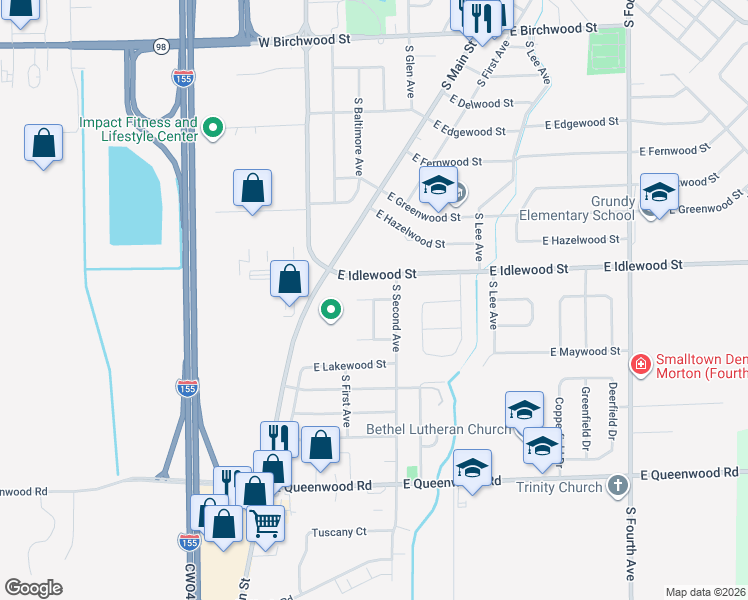 map of restaurants, bars, coffee shops, grocery stores, and more near 198 East Jadewood Street in Morton