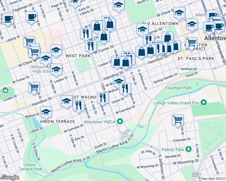 map of restaurants, bars, coffee shops, grocery stores, and more near 1427 Walnut Street in Allentown
