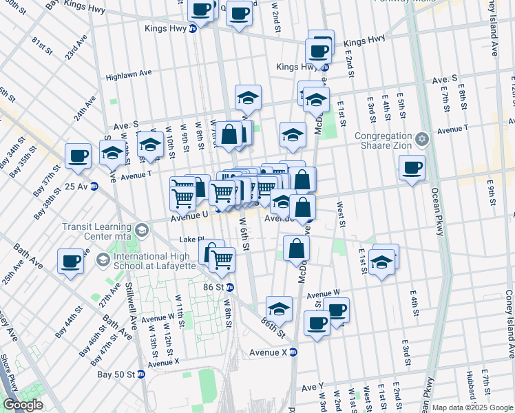 map of restaurants, bars, coffee shops, grocery stores, and more near Avenue U & West 5th Street in Brooklyn