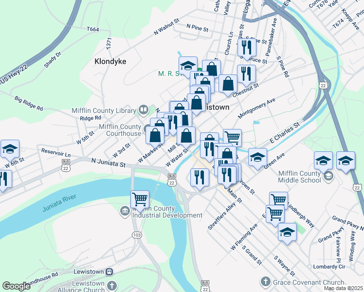 map of restaurants, bars, coffee shops, grocery stores, and more near 14 South Main Street in Lewistown