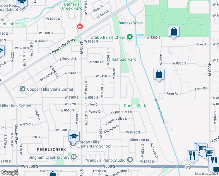 map of restaurants, bars, coffee shops, grocery stores, and more near 4622 Lone Some Circle in West Jordan