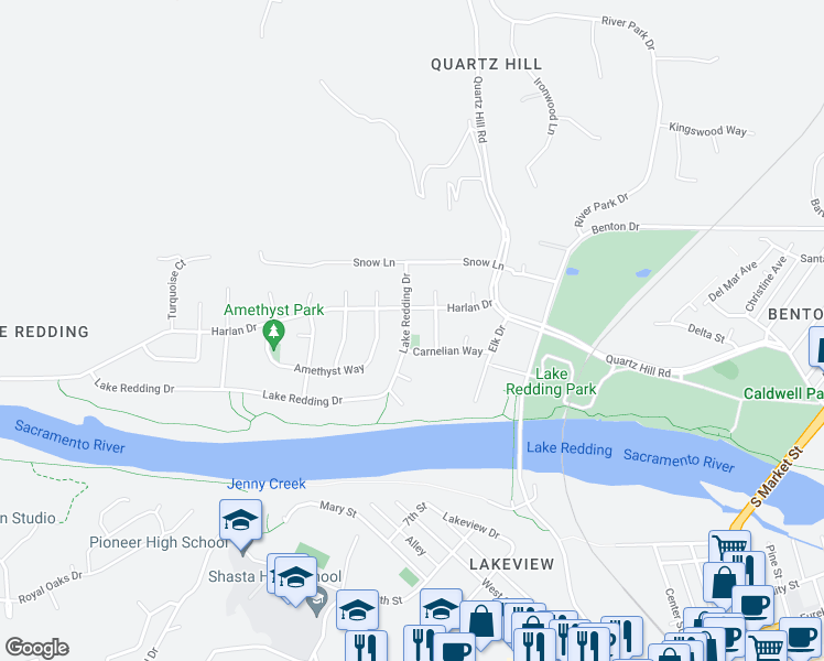 map of restaurants, bars, coffee shops, grocery stores, and more near 2465 Lake Redding Drive in Redding
